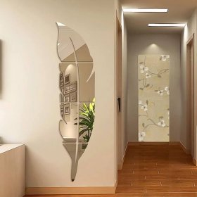 3D Silver Acrylic Leaf Mirror, Feather Shaped Wall Decor, Wall Mirror